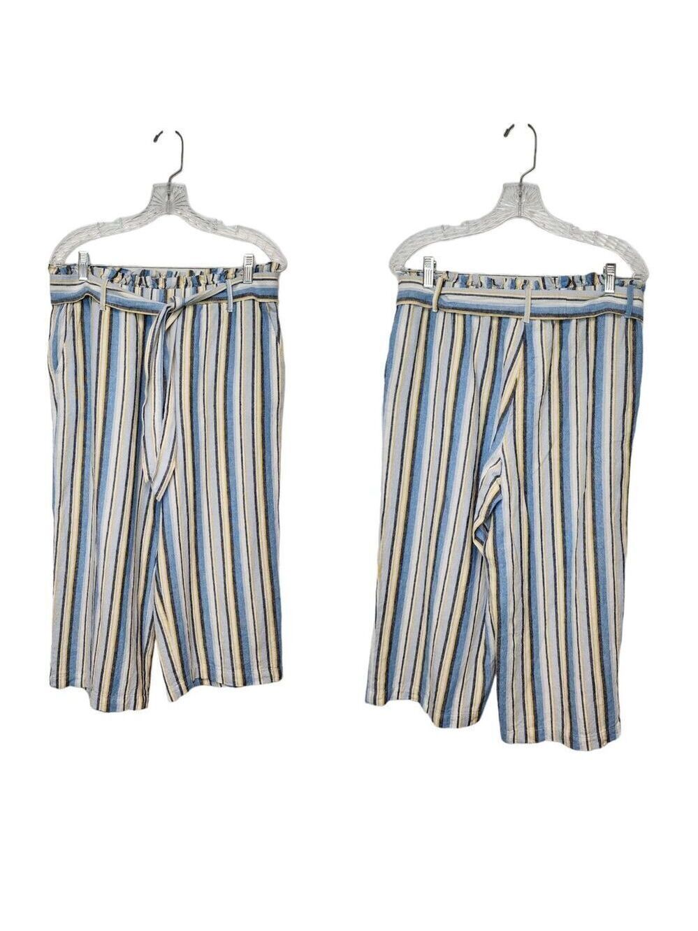 Fever Womens Wide Leg Paperbag Elastic Waist Multicor Blue Stripe Pants Size L